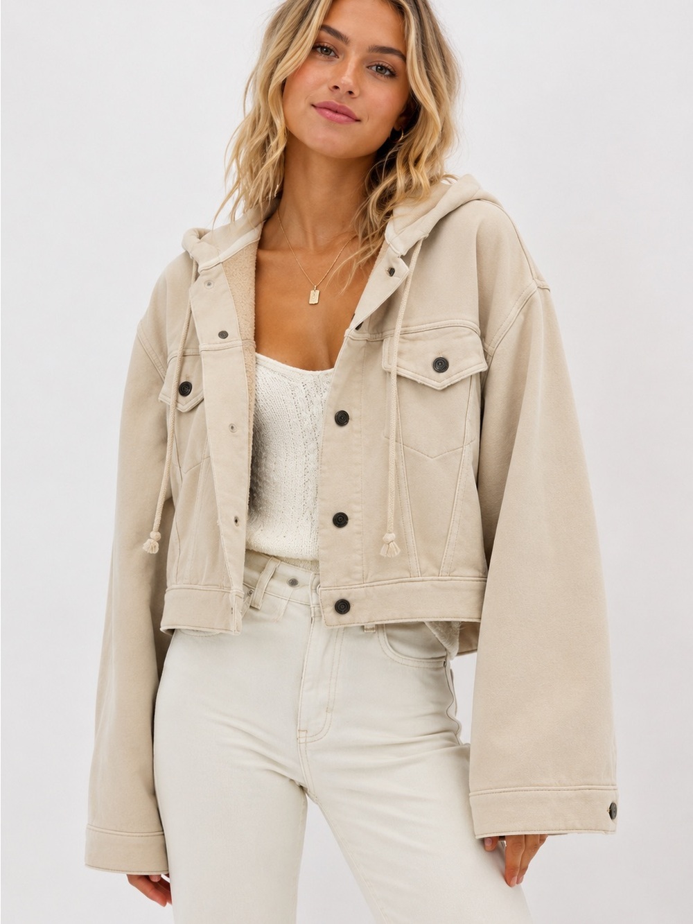 Free People Dreamers Hooded Oversized Jacket Ivory Cream Fleece, Size Medium